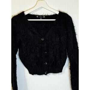 IRIS Women's Sweater Black Fluffy Cardigan Medium‎